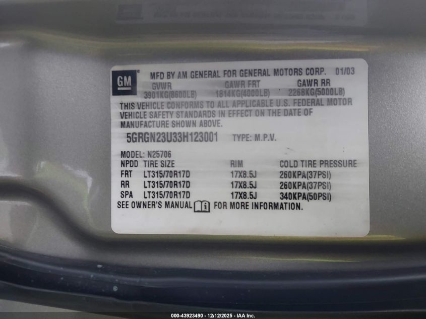 2003 Hummer H2 VIN: 5GRGN23U33H123001 Lot: 43923490