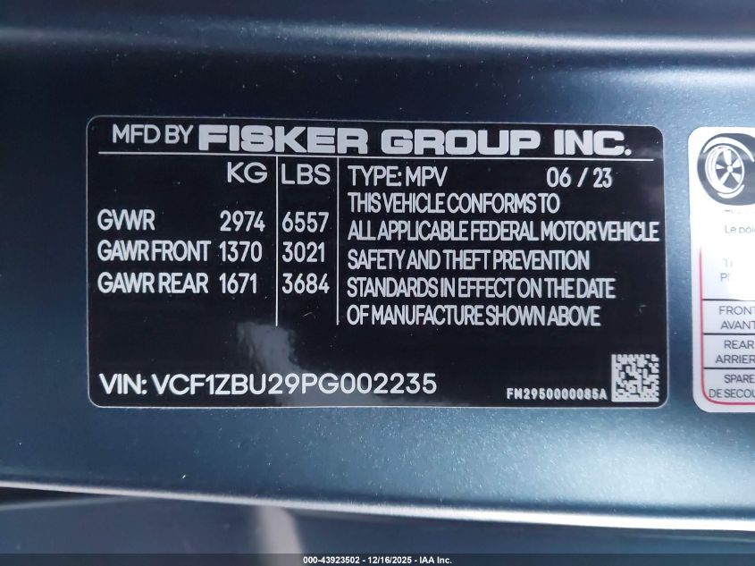 2023 Fisker Ocean One VIN: VCF1ZBU29PG002235 Lot: 43923502