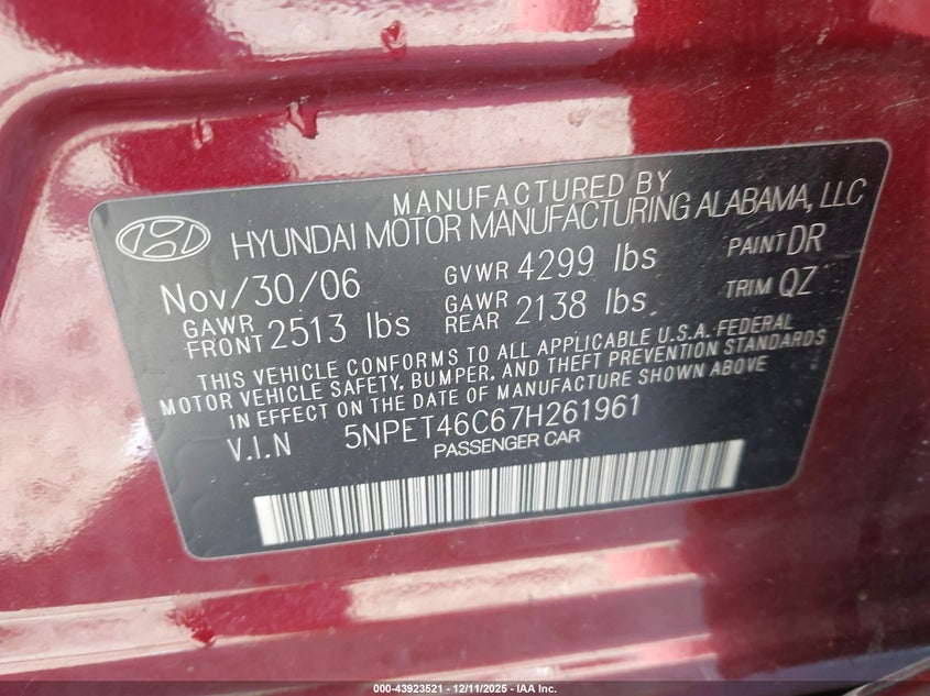 5NPET46C67H261961 2007 HYUNDAI SONATA photo no. 9