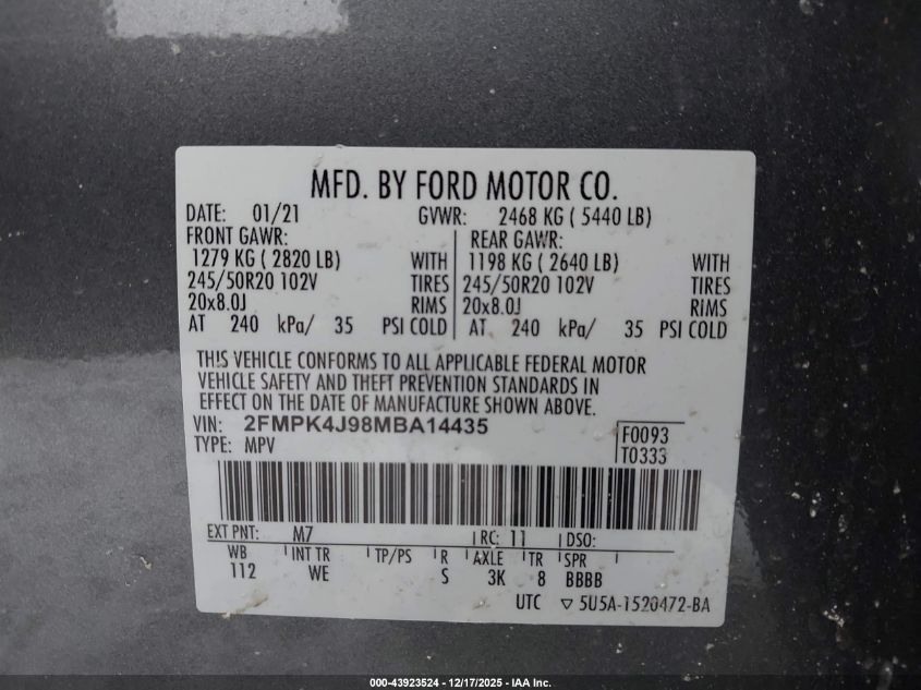 2021 Ford Edge St-Line VIN: 2FMPK4J98MBA14435 Lot: 43923524