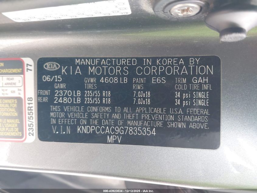 2016 Kia Sportage Ex VIN: KNDPCCAC9G7835354 Lot: 43923534