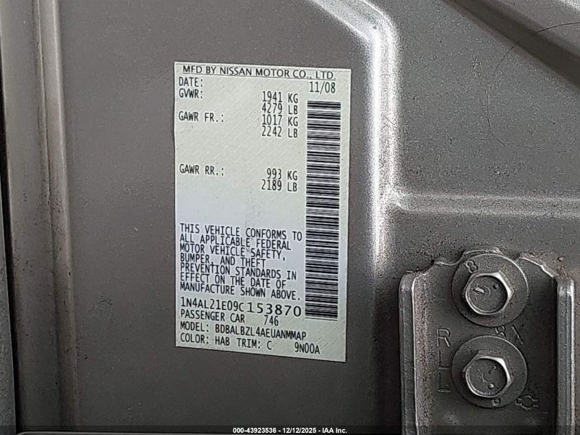 2009 Nissan Altima 2.5 S VIN: 1N4AL21E09C153870 Lot: 43923536