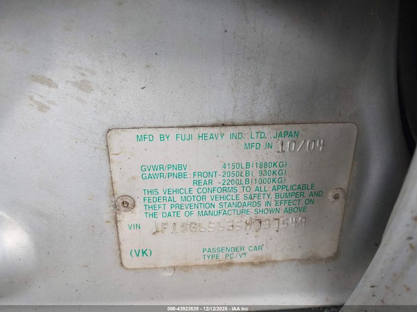 2005 Subaru Forester 2.5Xs VIN: JF1SG65635H737549 Lot: 43923539