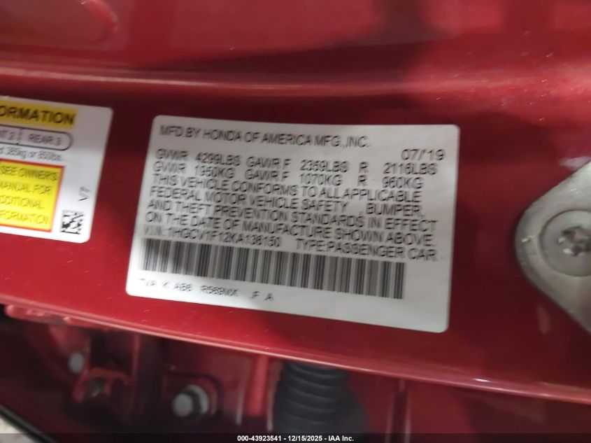 2019 Honda Accord Lx VIN: 1HGCV1F12KA136150 Lot: 43923541