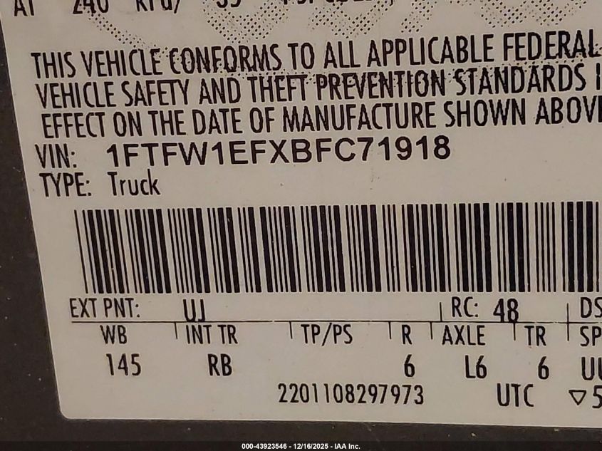 2011 Ford F-150 Fx4 VIN: 1FTFW1EFXBFC71918 Lot: 43923546