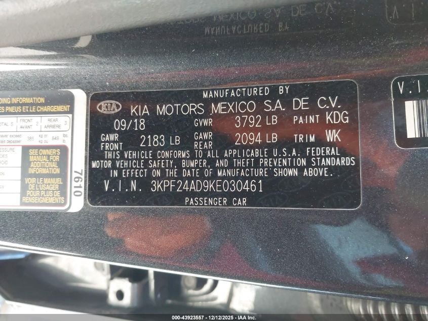 2019 Kia Forte Lxs VIN: 3KPF24AD9KE030461 Lot: 43923557