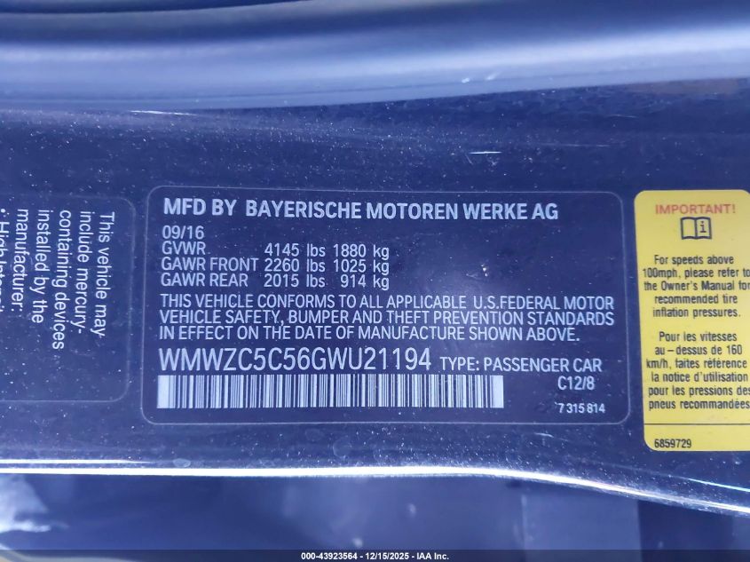 2016 Mini Countryman Cooper S VIN: WMWZC5C56GWU21194 Lot: 43923564