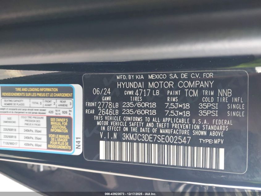 2025 Hyundai Tucson Sel Convenience VIN: 3KMJC3DE7SE002547 Lot: 43923573