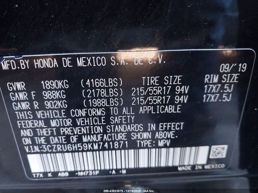 2019 Honda Hr-V Ex VIN: 3CZRU6H59KM741871 Lot: 43923575