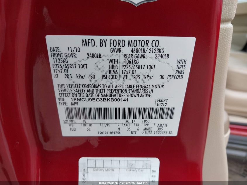 2011 Ford Escape Limited VIN: 1FMCU9EG3BKB00141 Lot: 43923576