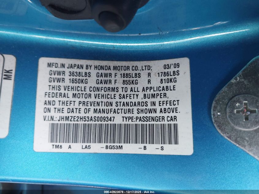 2010 Honda Insight Lx VIN: JHMZE2H53AS009347 Lot: 43923578