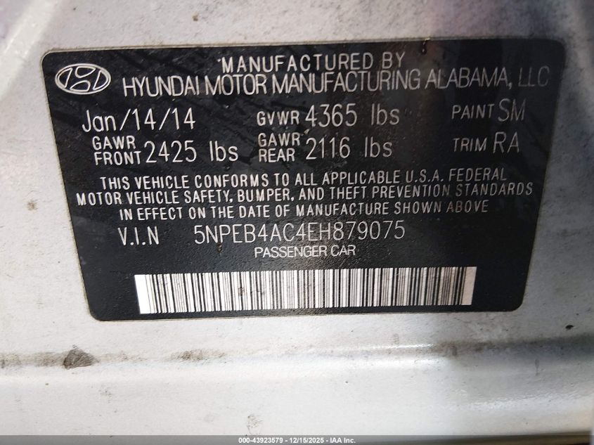 2014 Hyundai Sonata Gls VIN: 5NPEB4AC4EH879075 Lot: 43923579