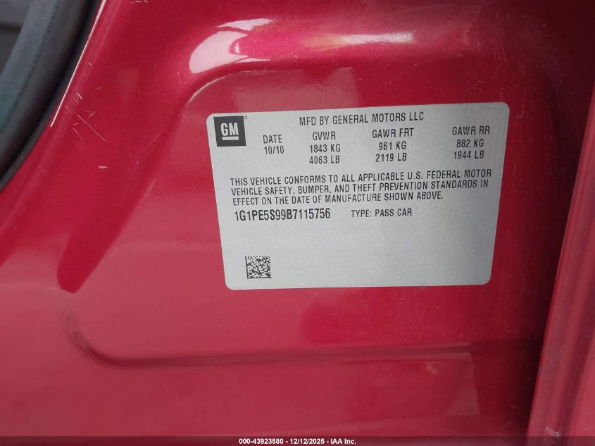 2011 Chevrolet Cruze Lt VIN: 1G1PE5S99B7115756 Lot: 43923580