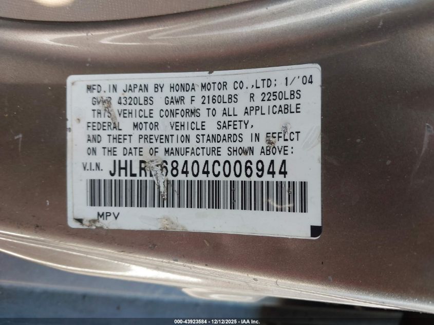 2004 Honda Cr-V Lx VIN: JHLRD68404C006944 Lot: 43923584