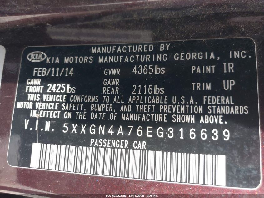 2014 Kia Optima Ex VIN: 5XXGN4A76EG316639 Lot: 43923586