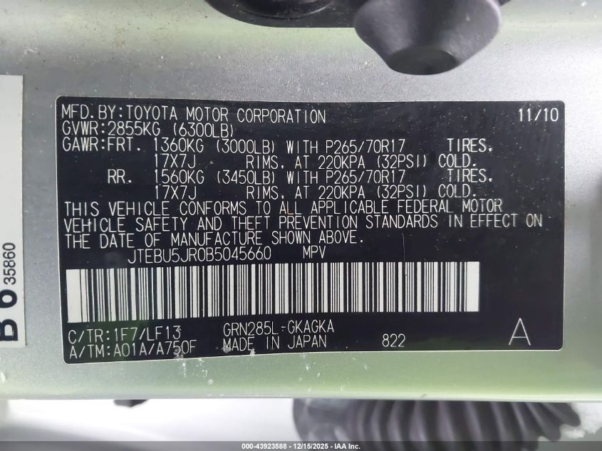 2011 Toyota 4Runner Sr5 V6 VIN: JTEBU5JR0B5045660 Lot: 43923588