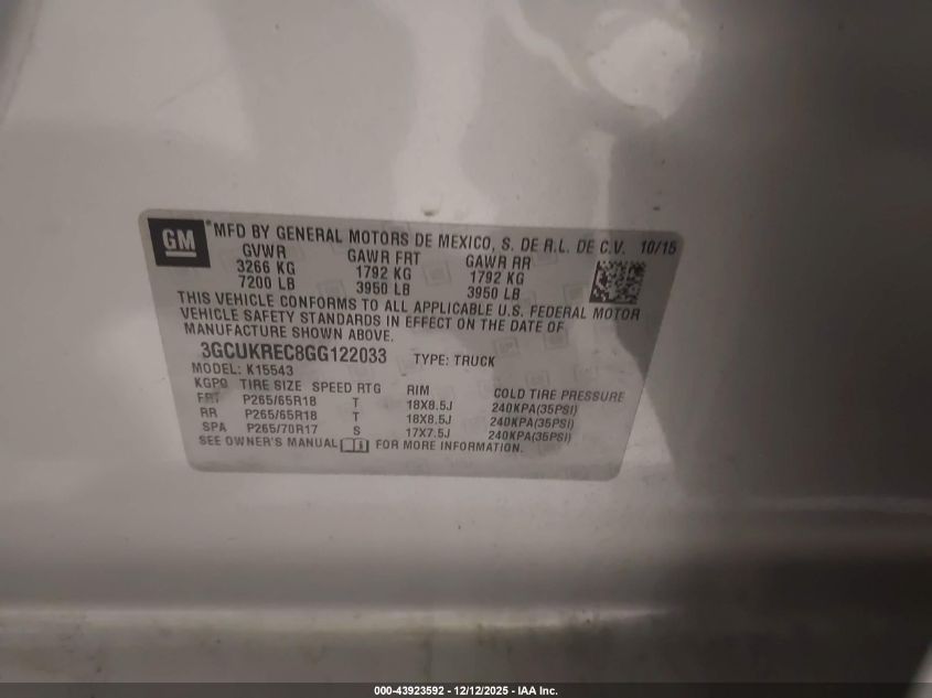 2016 Chevrolet Silverado 1500 2Lt VIN: 3GCUKREC8GG122033 Lot: 43923592