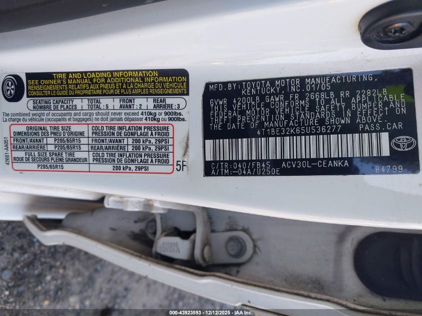 2005 Toyota Camry Le VIN: 4T1BE32K65U536277 Lot: 43923593