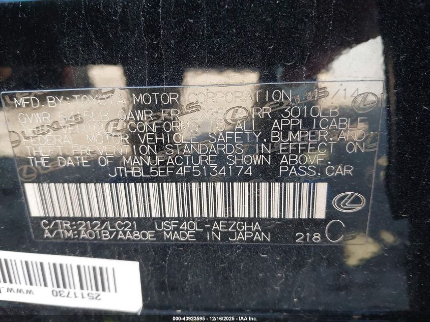 2015 Lexus Ls 460 VIN: JTHBL5EF4F5134174 Lot: 43923595