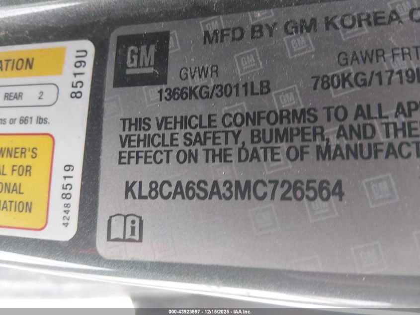 2021 Chevrolet Spark Fwd Ls Manual VIN: KL8CA6SA3MC726564 Lot: 43923597