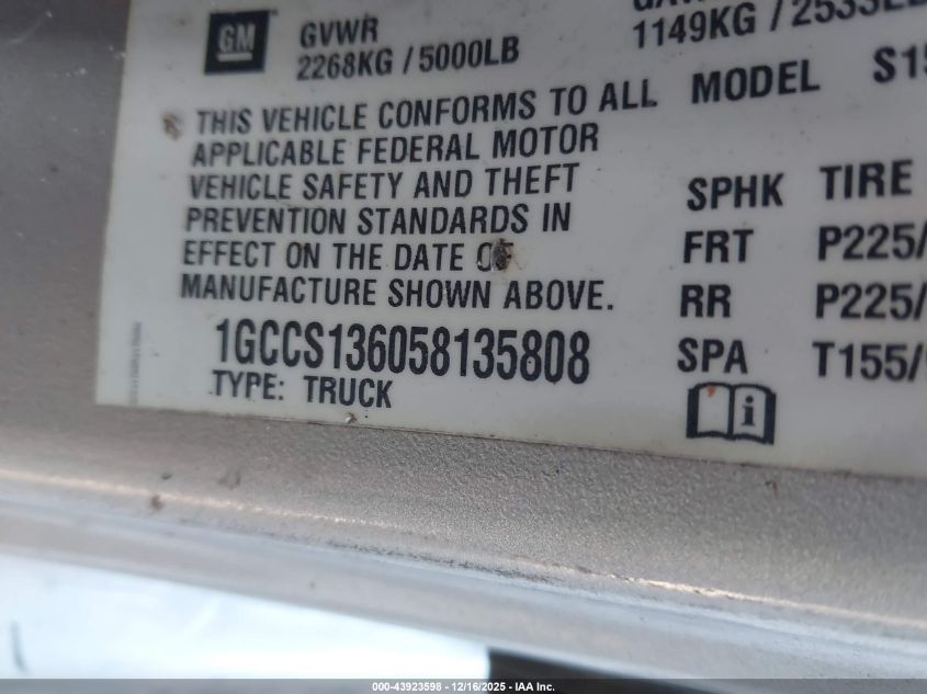 2005 Chevrolet Colorado Ls VIN: 1GCCS136058135808 Lot: 43923598