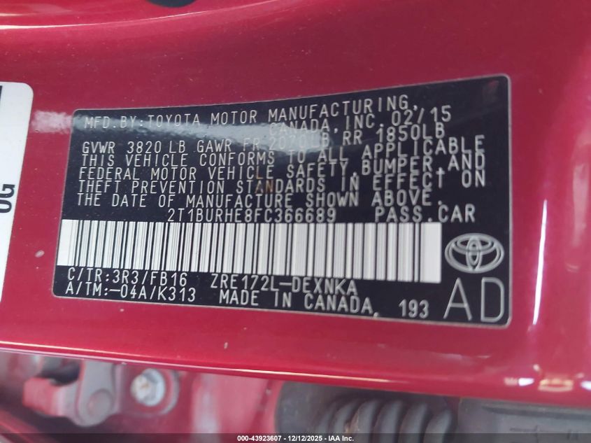 2015 Toyota Corolla Le VIN: 2T1BURHE8FC366689 Lot: 43923607