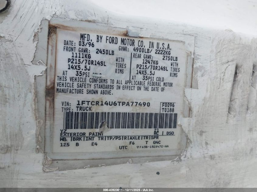 1996 Ford Ranger Super Cab VIN: 1FTCR14U6TPA77490 Lot: 43923611