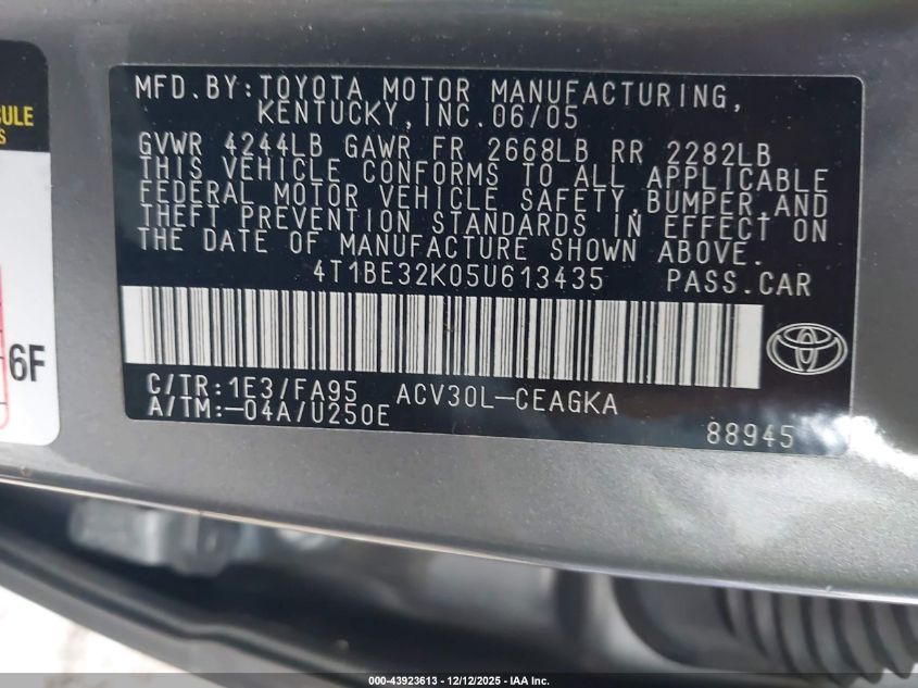 2005 Toyota Camry Xle VIN: 4T1BE32K05U613435 Lot: 43923613