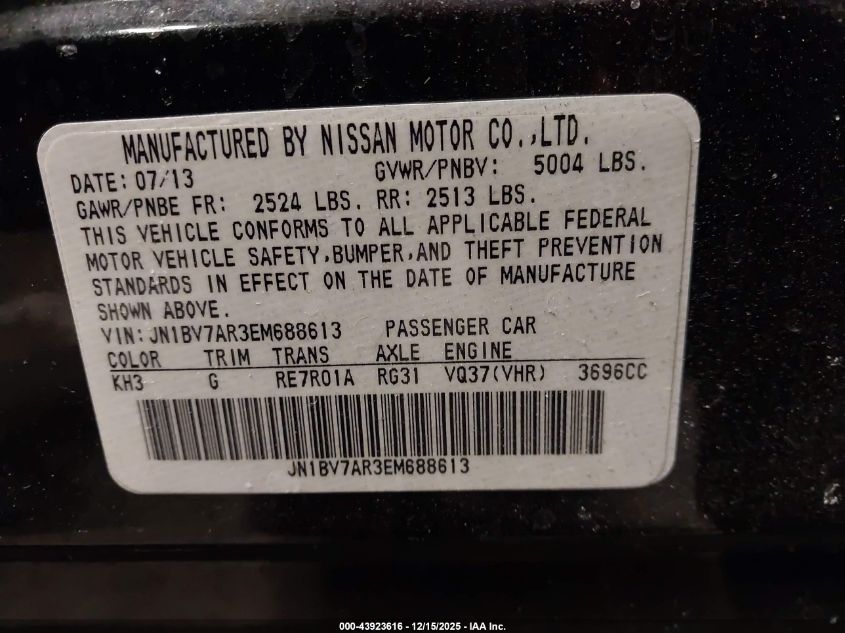 2014 Infiniti Q50 Premium VIN: JN1BV7AR3EM688613 Lot: 43923616