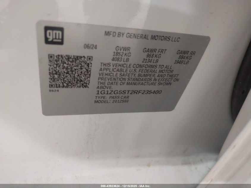 2024 Chevrolet Malibu Fwd Rs VIN: 1G1ZG5ST2RF235400 Lot: 43923624