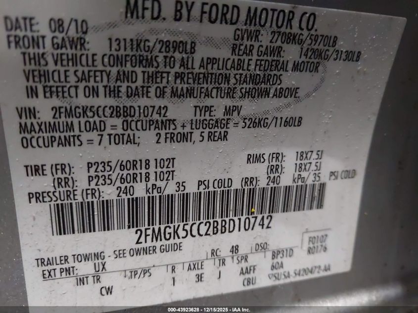 2011 Ford Flex Sel VIN: 2FMGK5CC2BBD10742 Lot: 43923628