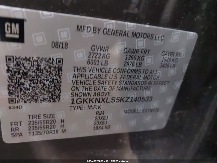 2019 GMC Acadia Denali VIN: 1GKKNXLS5KZ140533 Lot: 43923629