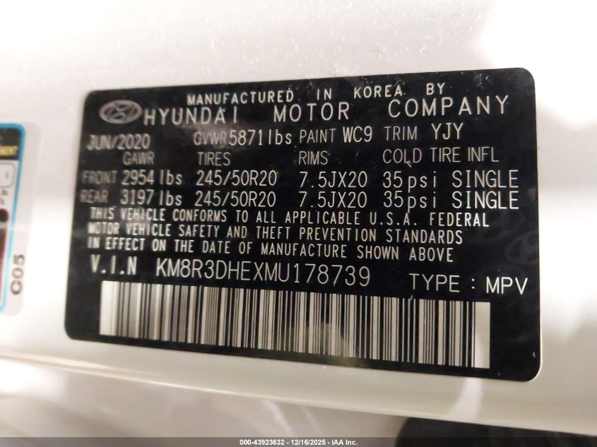 2021 Hyundai Palisade Sel VIN: KM8R3DHEXMU178739 Lot: 43923632