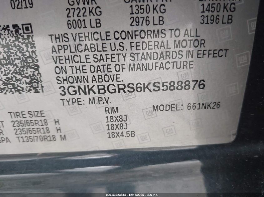 2019 Chevrolet Blazer VIN: 3GNKBGRS6KS588876 Lot: 43923634