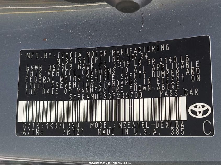 2025 Toyota Corolla Le VIN: 5YFB4MDE9SP235709 Lot: 43923638