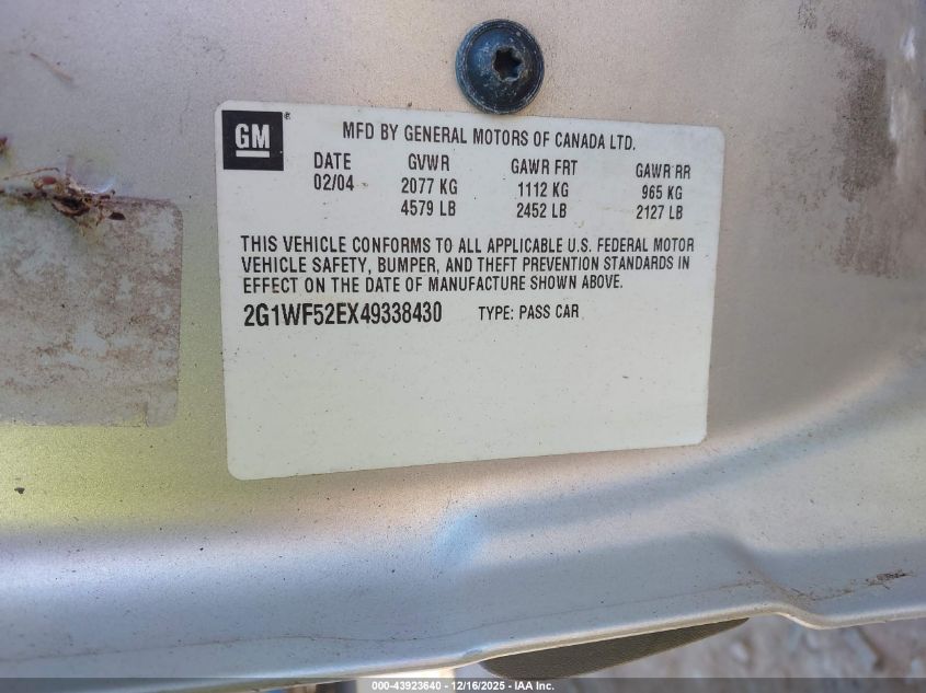 2004 Chevrolet Impala VIN: 2G1WF52EX49338430 Lot: 43923640