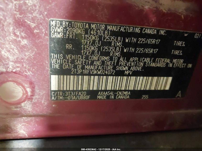 2019 Toyota Rav4 Xle VIN: 2T3P1RFV9KW024072 Lot: 43923642