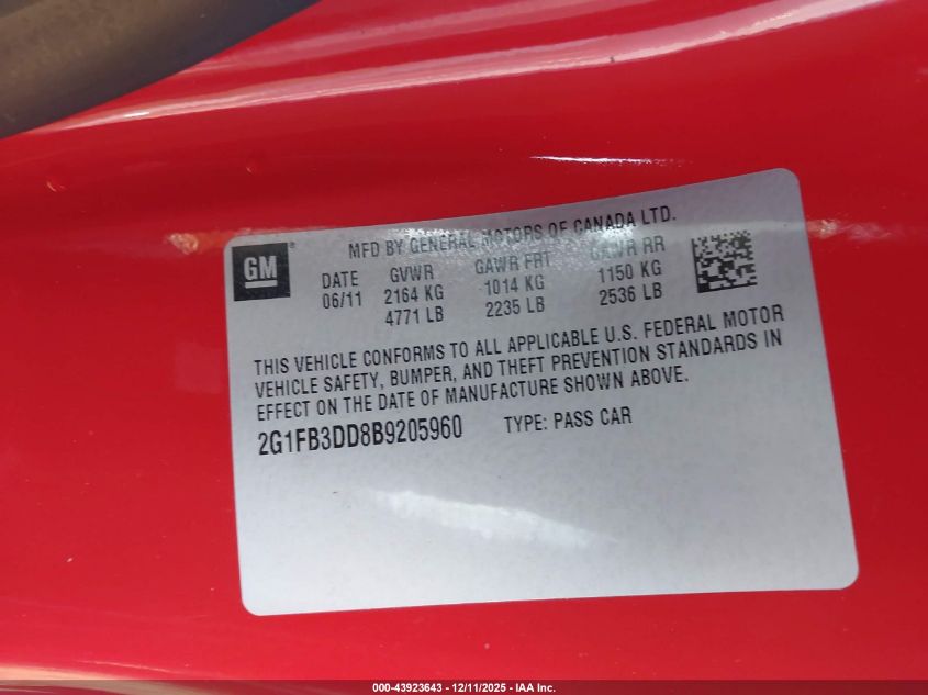 2011 Chevrolet Camaro 1Lt VIN: 2G1FB3DD8B9205960 Lot: 43923643