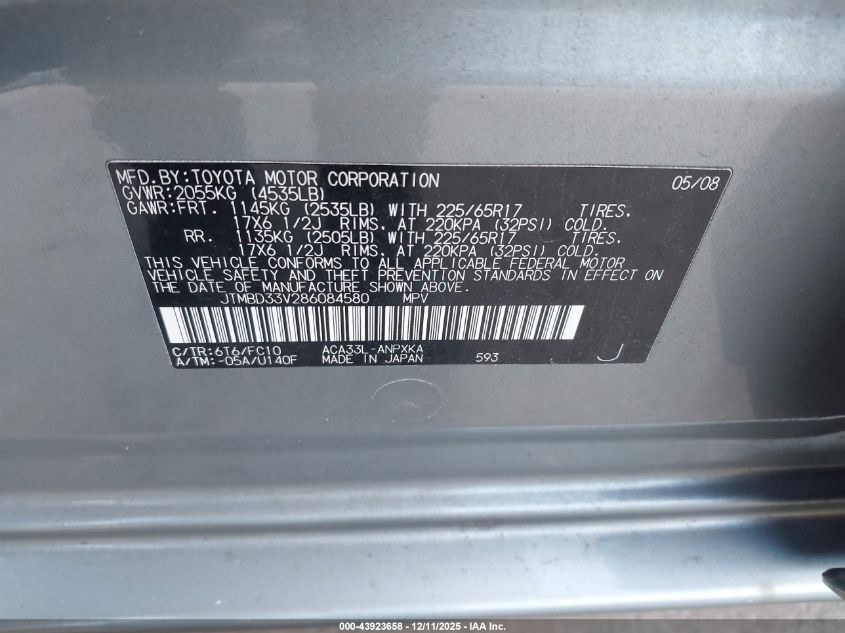 2008 Toyota Rav4 VIN: JTMBD33V286084580 Lot: 43923658