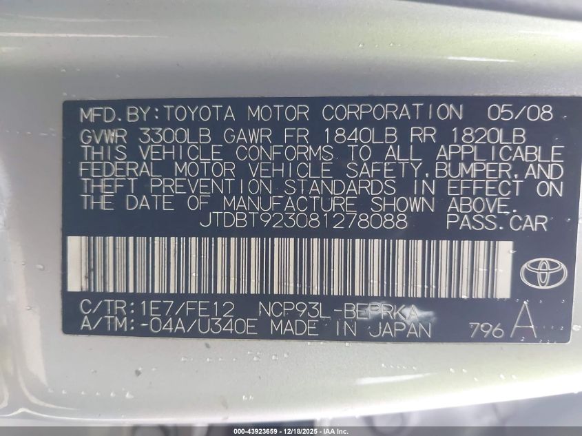 2008 Toyota Yaris VIN: JTDBT923081278088 Lot: 43923659