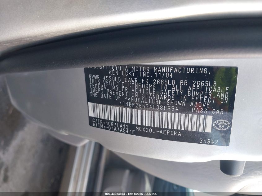 2004 Toyota Avalon Xls VIN: 4T1BF28B54U388894 Lot: 43923664