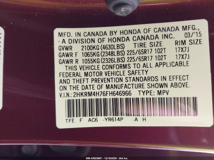 2015 Honda Cr-V Ex-L VIN: 2HKRM4H76FH646966 Lot: 43923667