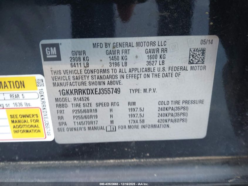 2014 GMC Acadia Slt-1 VIN: 1GKKRRKDXEJ355749 Lot: 43923668