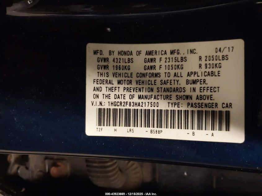 2017 Honda Accord Ex-L VIN: 1HGCR2F83HA217500 Lot: 43923669