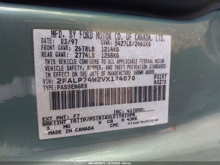 1997 Ford Crown Victoria Lx VIN: 2FALP74W2VX174070 Lot: 43923674
