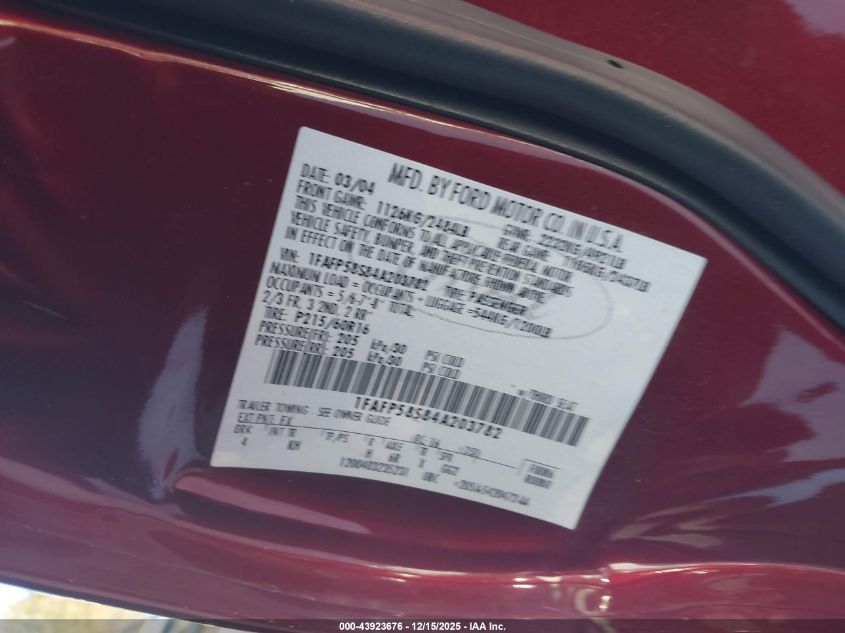 2004 Ford Taurus Se VIN: 1FAFP58S84A203782 Lot: 43923676