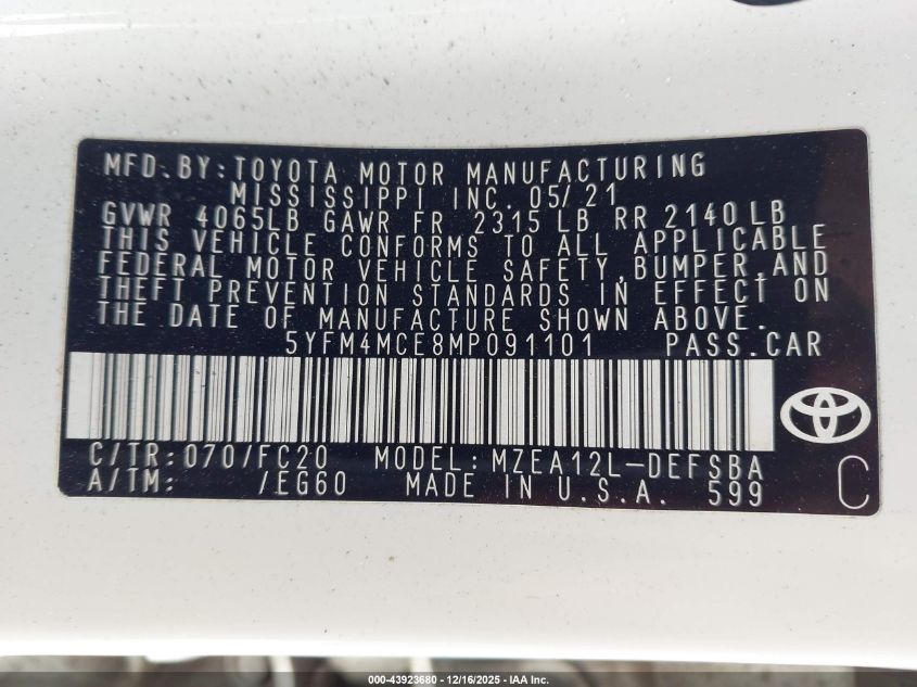 2021 Toyota Corolla Se 6Mt VIN: 5YFM4MCE8MP091101 Lot: 43923680