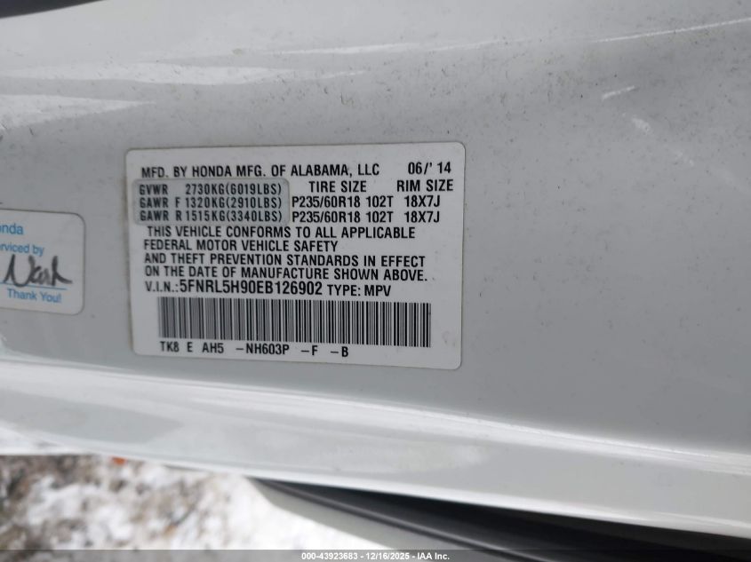 2014 Honda Odyssey Touring/Touring Elite VIN: 5FNRL5H90EB126902 Lot: 43923683