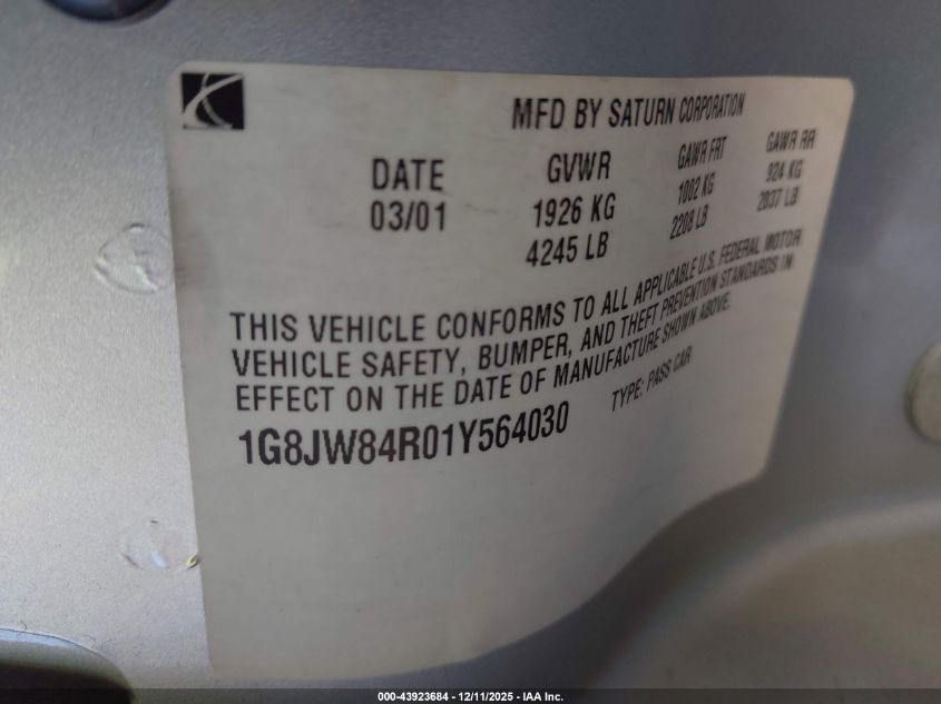 2001 Saturn Lw300 VIN: 1G8JW84R01Y564030 Lot: 43923684