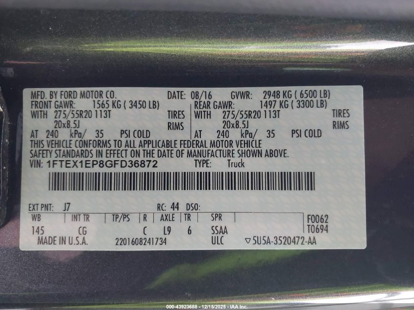 2016 Ford F-150 Xl VIN: 1FTEX1EP8GFD36872 Lot: 43923688